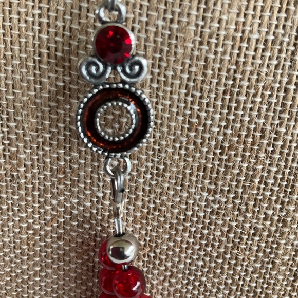 Hand Crafted Necklace & Dangle Earrings Set Fire Red Silver Beads Double Strand - Picture 3 of 7